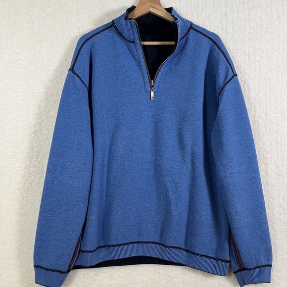 Tommy Bahama Navy Blue & Blue 1/4 Zip Reversible Pullover Long Sleeve Sweater L - Picture 5 of 8